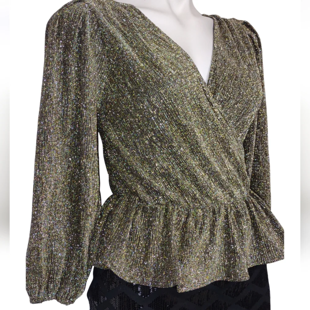 Astr Gold Metallic Peplum Top Size XS Suplice Metallic Puff Sleeve